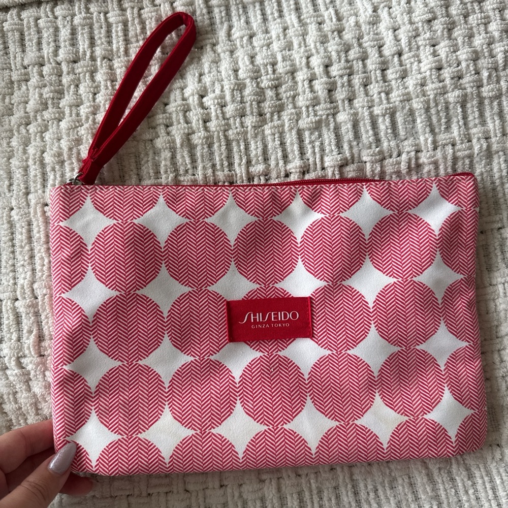 Shiseido Red and White Circle Design Pouch